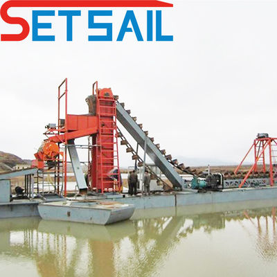 Width 4.5m-10m Customized Chain Bucket River Gold Mining Dredger with Agitation Chute